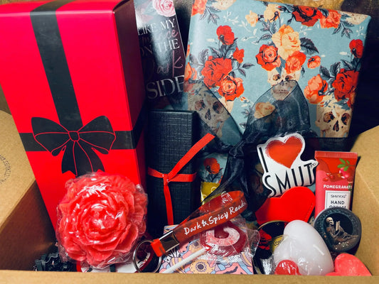 Luxury dark romance gift basket - spa, books, toy, gift wrap